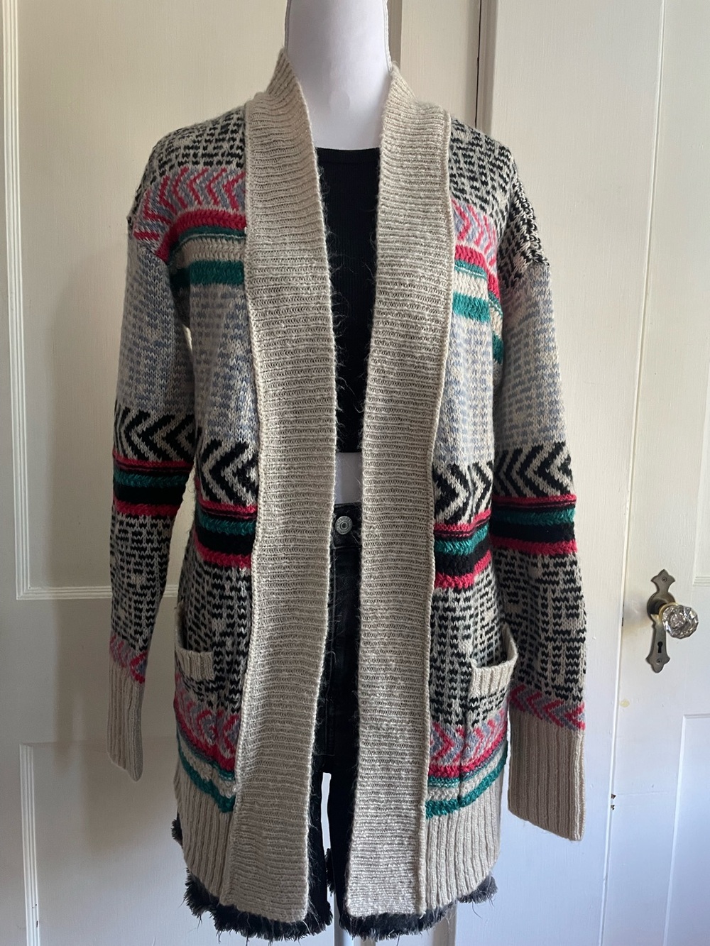 Mossimo Supply Co. Cream Open-Front Cardigan with Pink, Teal & Black Accents